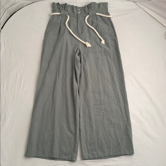 Driftwood Vicki green wide leg trouser pants with a cream removable rope belt - Picture 6 of 13